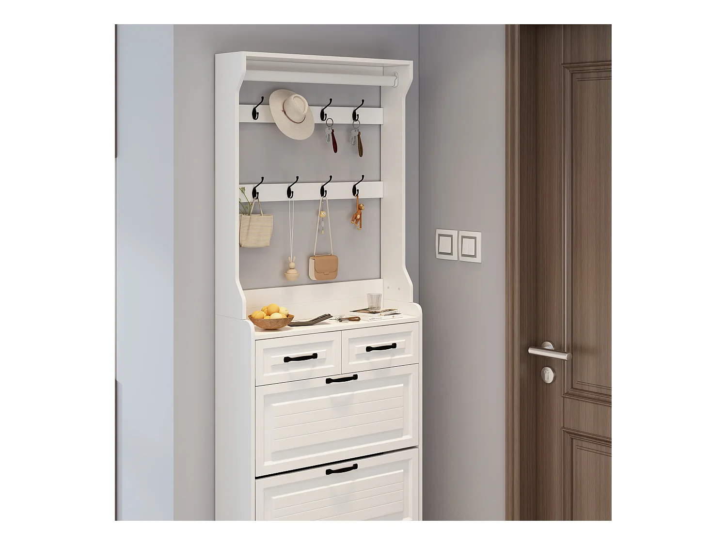 Meuble à chaussures avec porte, 3 portes rabattables et 2 tiroirs, MDF, blanc (80x23.5x220 cm)