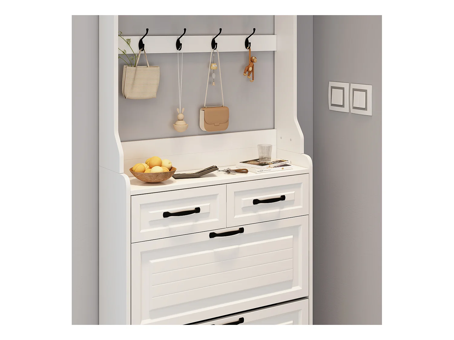 Meuble à chaussures avec porte, 3 portes rabattables et 2 tiroirs, MDF, blanc (80x23.5x220 cm)