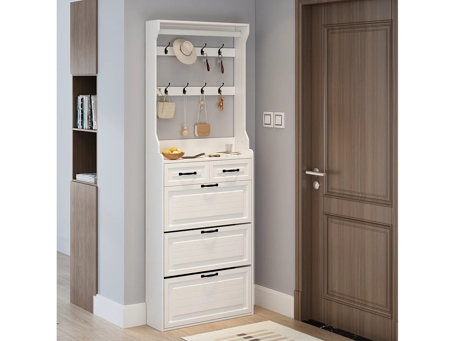 Meuble à chaussures avec porte, 3 portes rabattables et 2 tiroirs, MDF, blanc (80x23.5x220 cm)