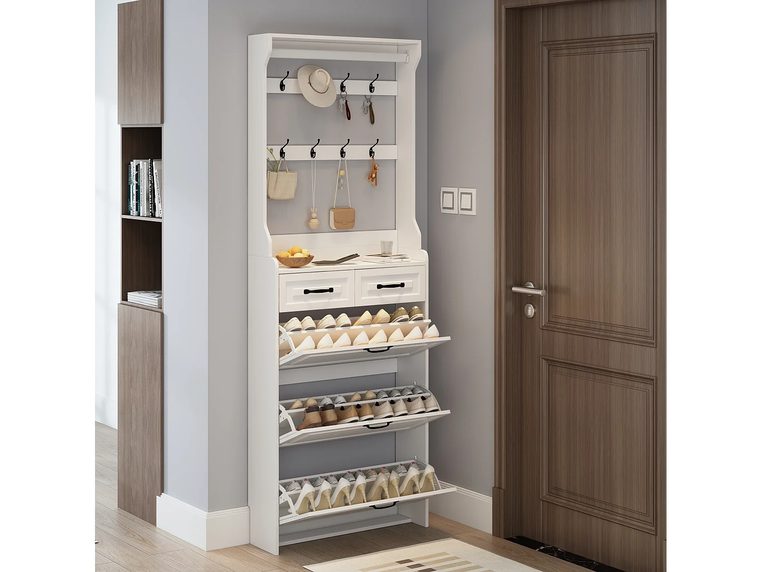 Meuble à chaussures avec porte, 3 portes rabattables et 2 tiroirs, MDF, blanc (80x23.5x220 cm)