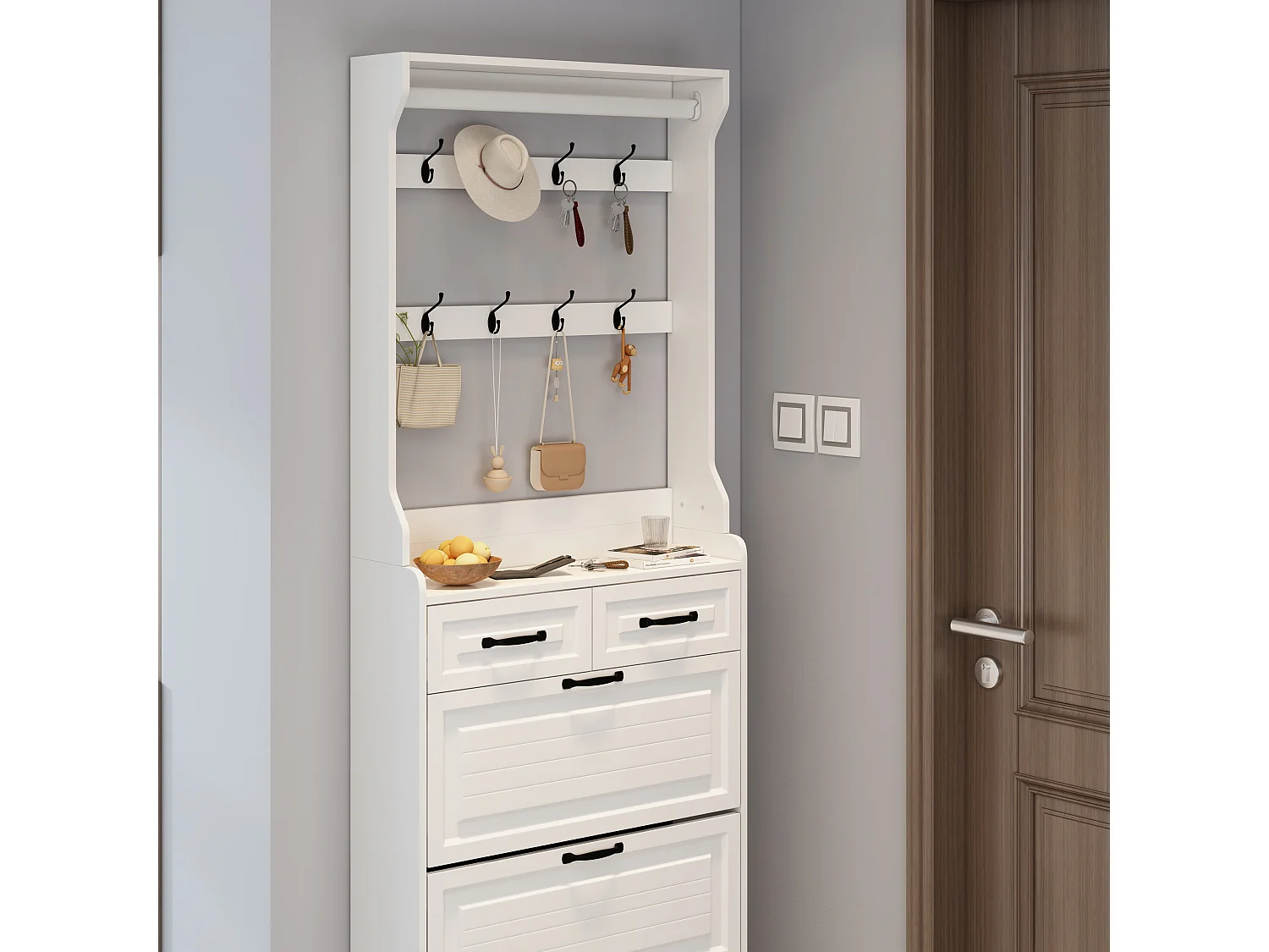 Meuble à chaussures avec porte, 3 portes rabattables et 2 tiroirs, MDF, blanc (80x23.5x220 cm)