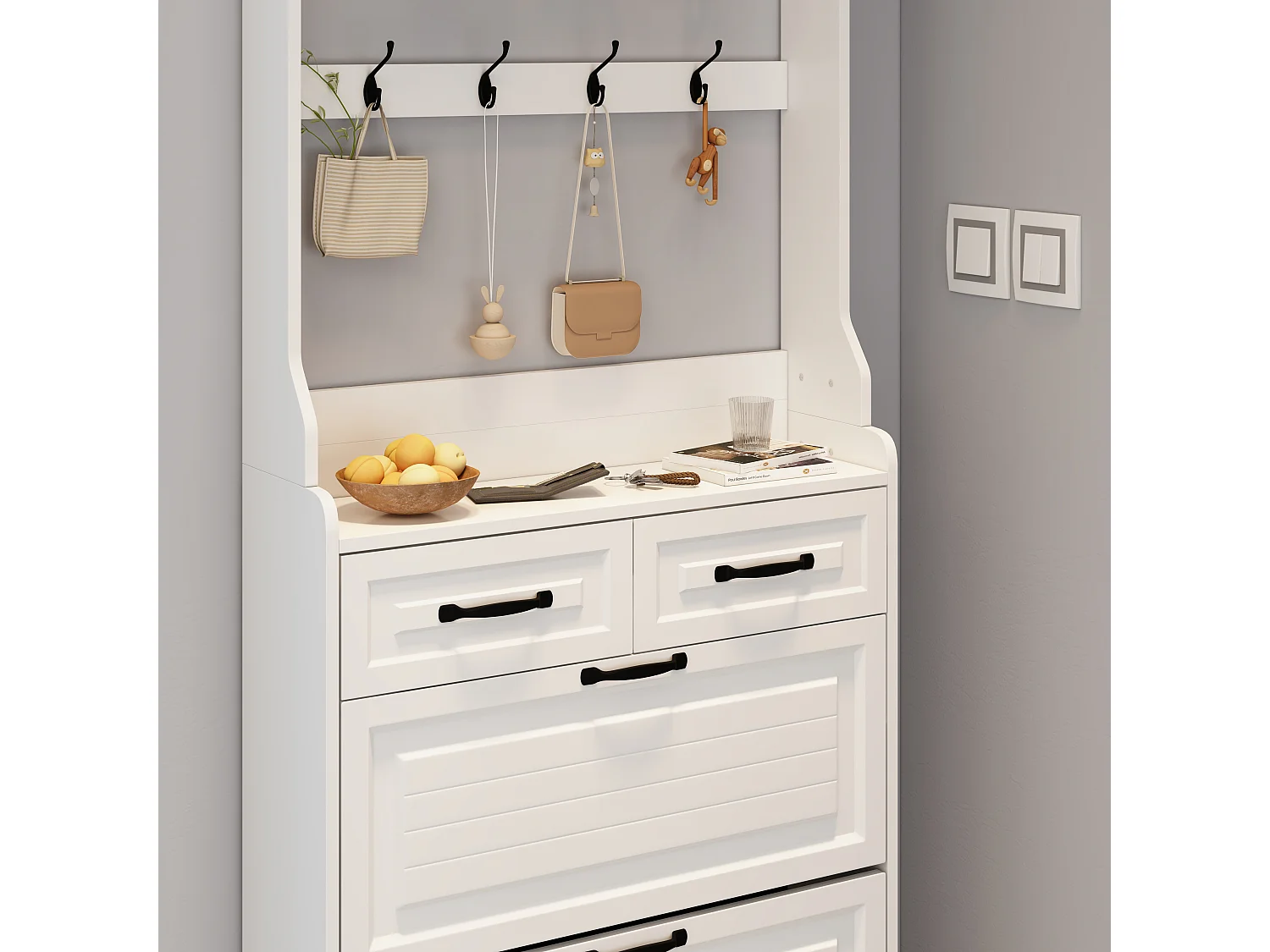 Meuble à chaussures avec porte, 3 portes rabattables et 2 tiroirs, MDF, blanc (80x23.5x220 cm)