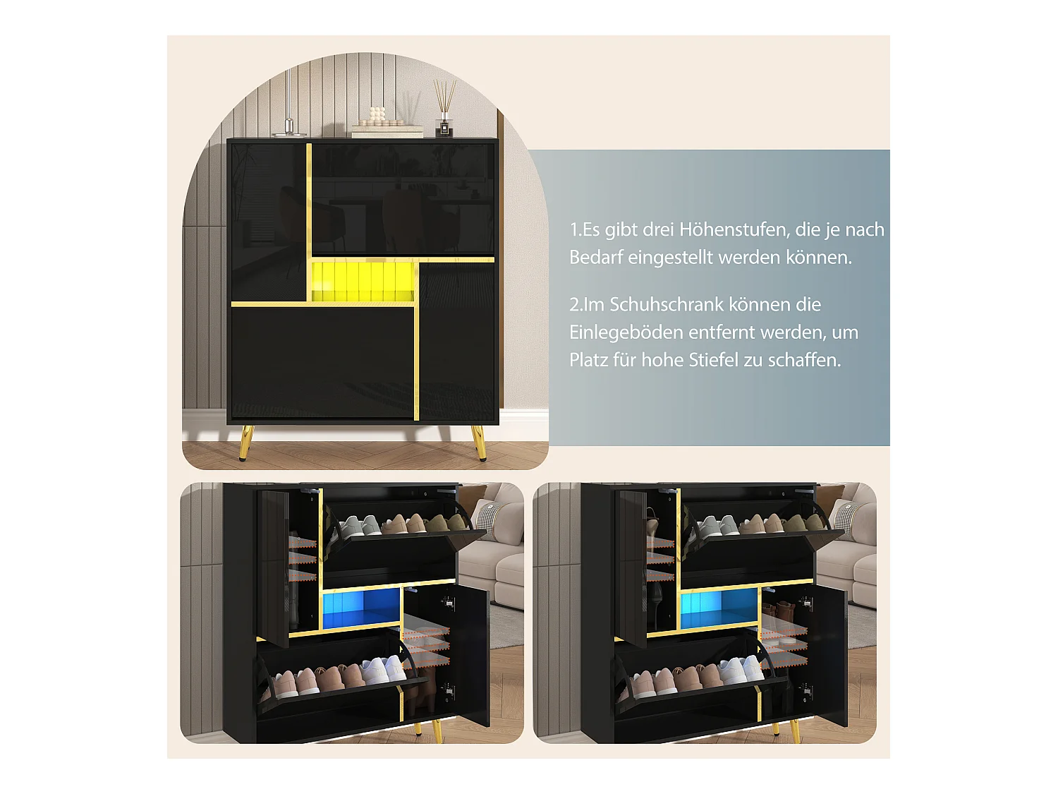 Moderne schoenenkast met hoogglans deur en multi-color LED's, zwart (80x25x96 cm)