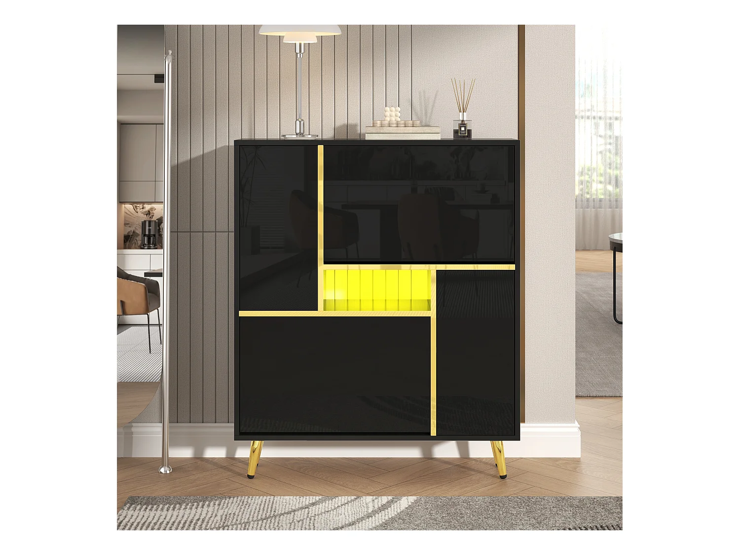 Moderne schoenenkast met hoogglans deur en multi-color LED's, zwart (80x25x96 cm)