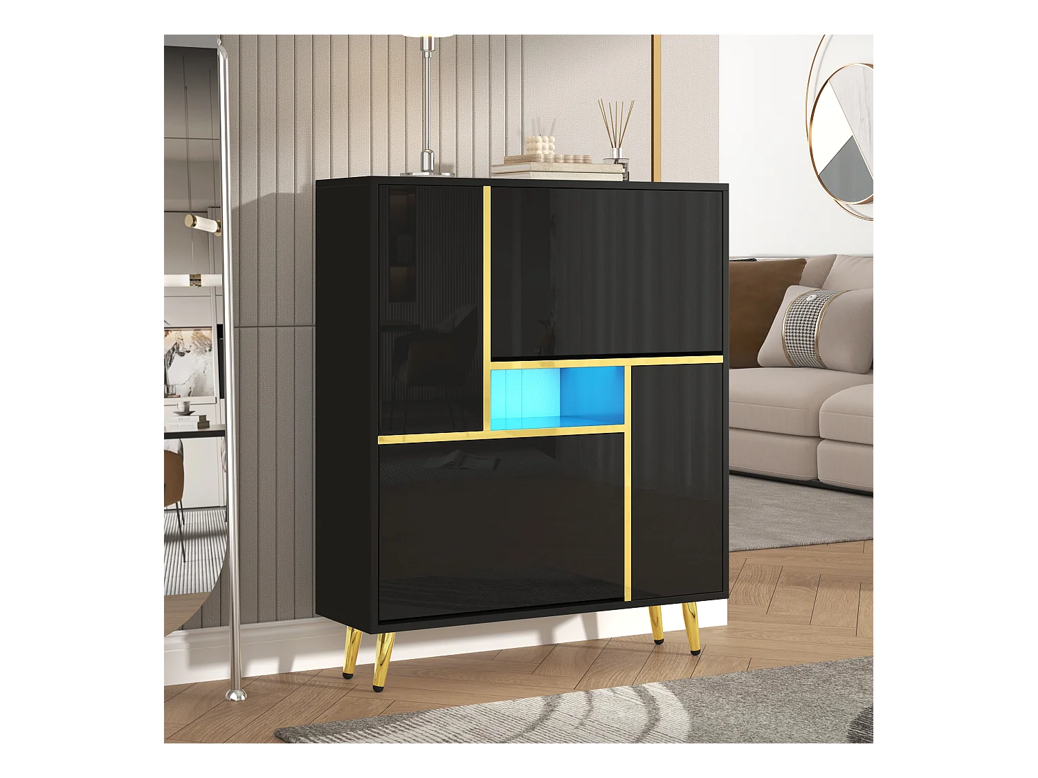 Moderne schoenenkast met hoogglans deur en multi-color LED's, zwart (80x25x96 cm)