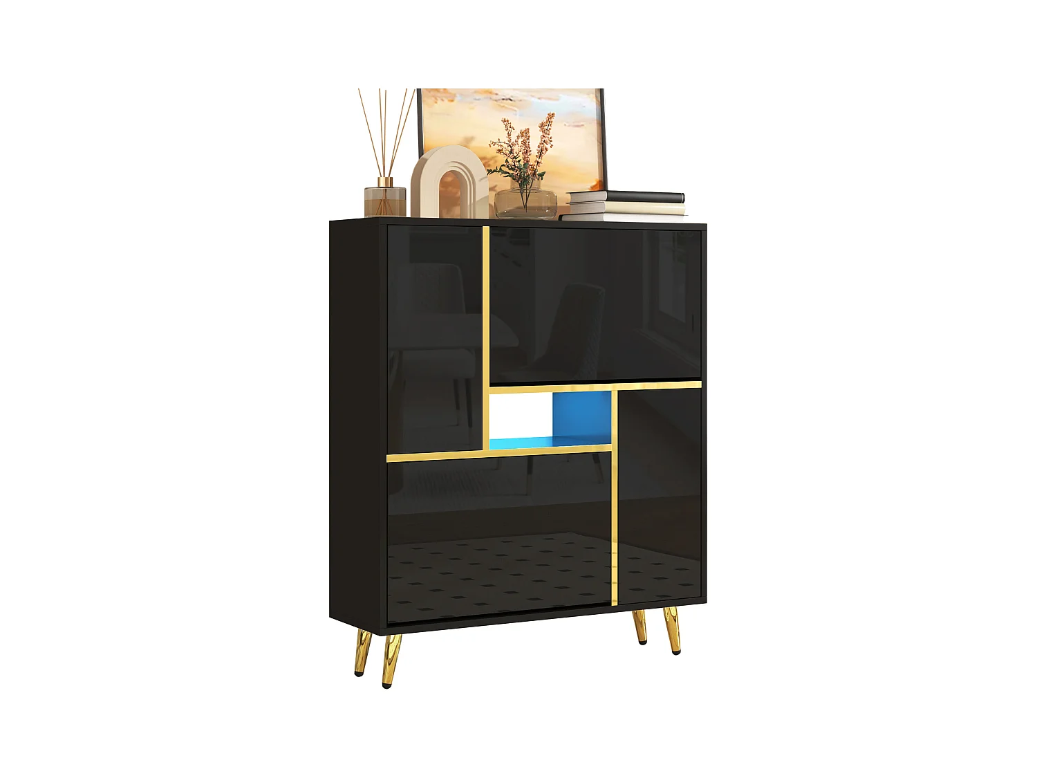 Meuble à chaussures moderne, avec porte haute brillance et LED multicolores, noir (80x25x96 cm)