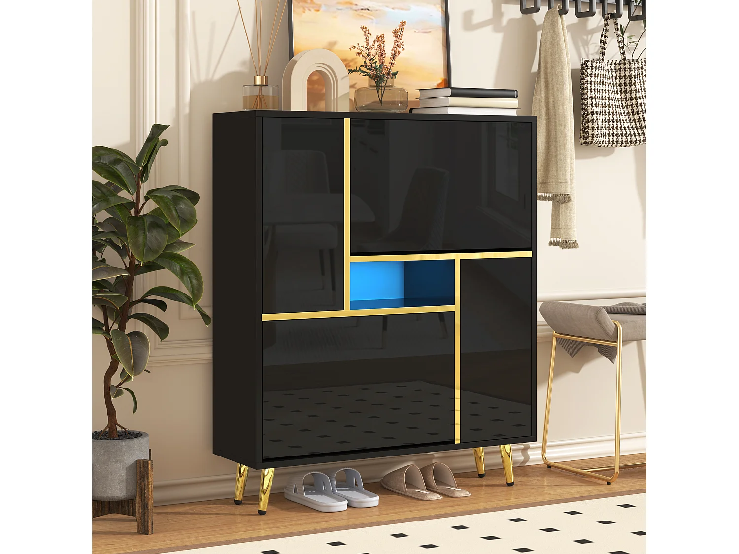 Meuble à chaussures moderne, avec porte haute brillance et LED multicolores, noir (80x25x96 cm)