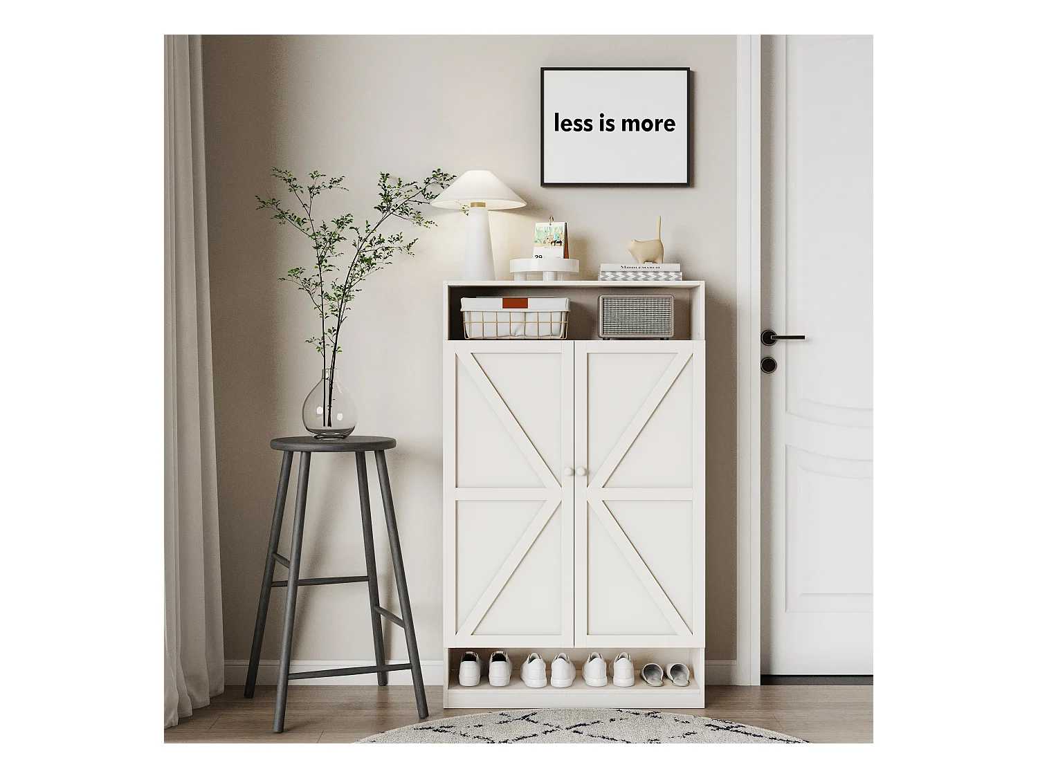 Meuble à chaussures à double porte, rangement multifonction, 8 compartiments, MDF, blanc (80x40x141 cm)