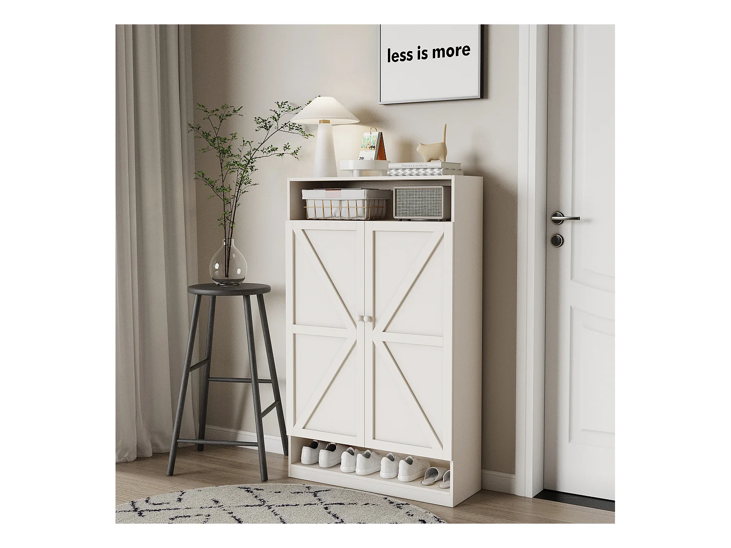 Meuble à chaussures à double porte, rangement multifonction, 8 compartiments, MDF, blanc (80x40x141 cm)