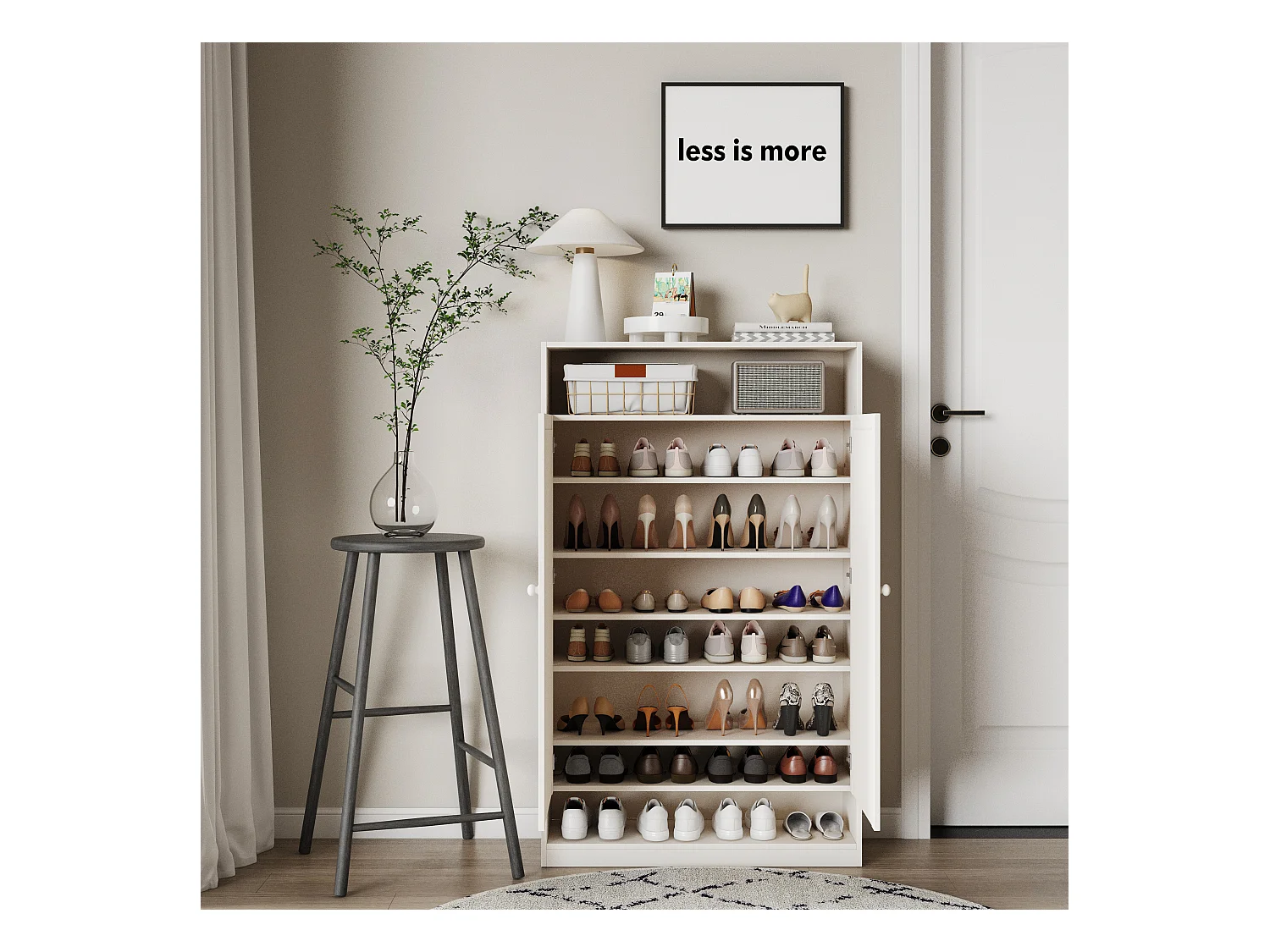 Meuble à chaussures à double porte, rangement multifonction, 8 compartiments, MDF, blanc (80x40x141 cm)