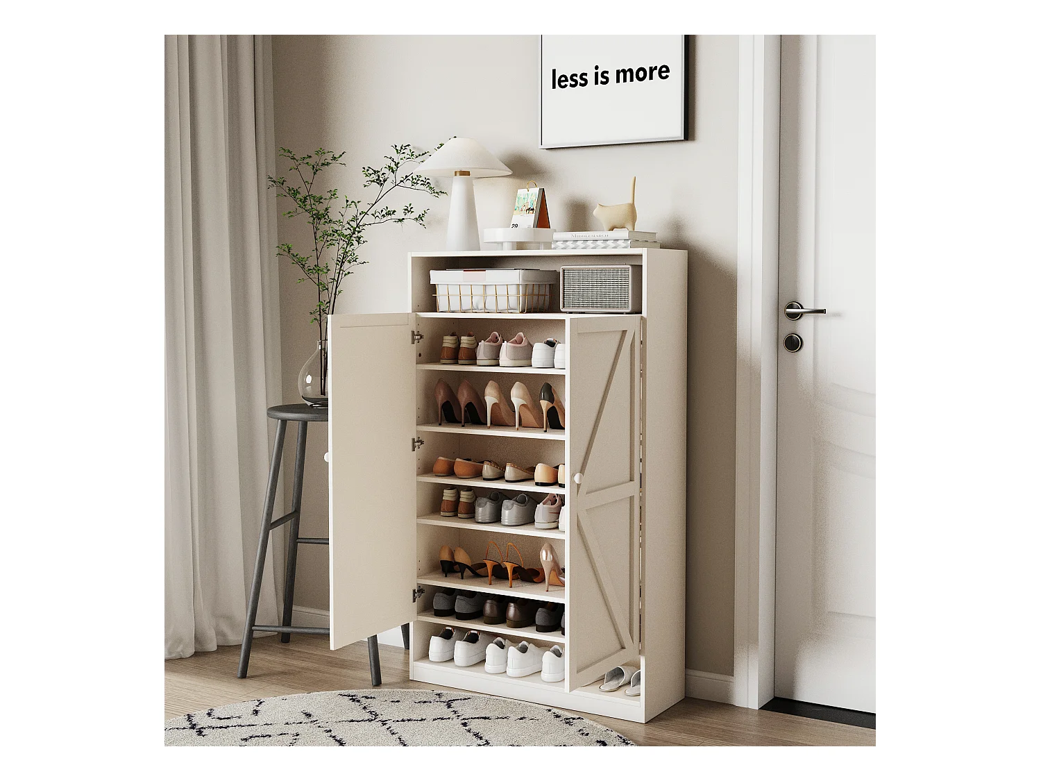 Meuble à chaussures à double porte, rangement multifonction, 8 compartiments, MDF, blanc (80x40x141 cm)