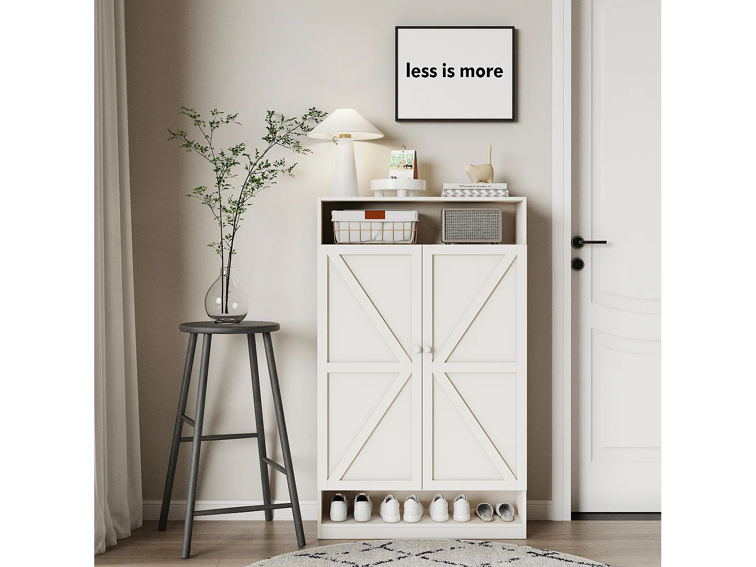 Meuble à chaussures à double porte, rangement multifonction, 8 compartiments, MDF, blanc (80x40x141 cm)