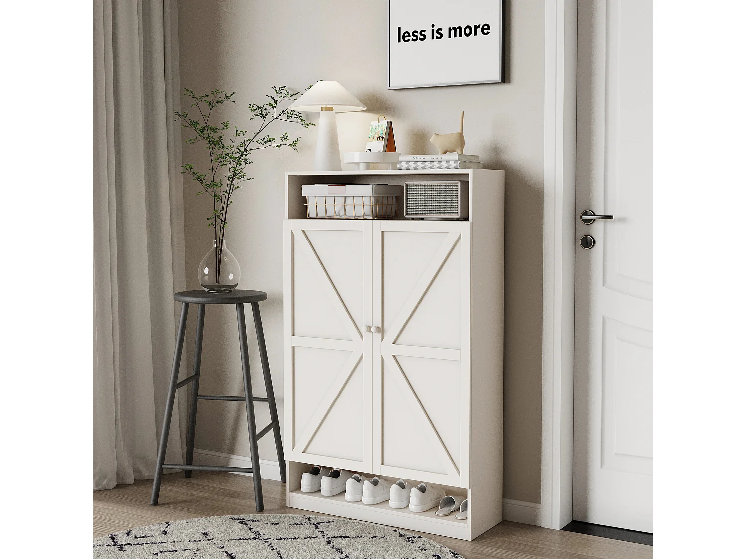 Meuble à chaussures à double porte, rangement multifonction, 8 compartiments, MDF, blanc (80x40x141 cm)