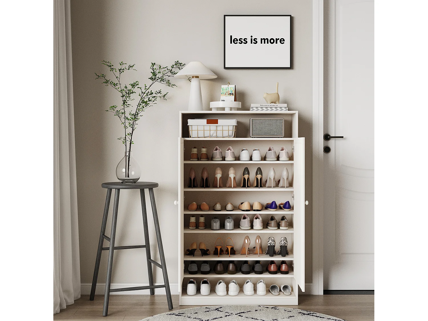 Meuble à chaussures à double porte, rangement multifonction, 8 compartiments, MDF, blanc (80x40x141 cm)