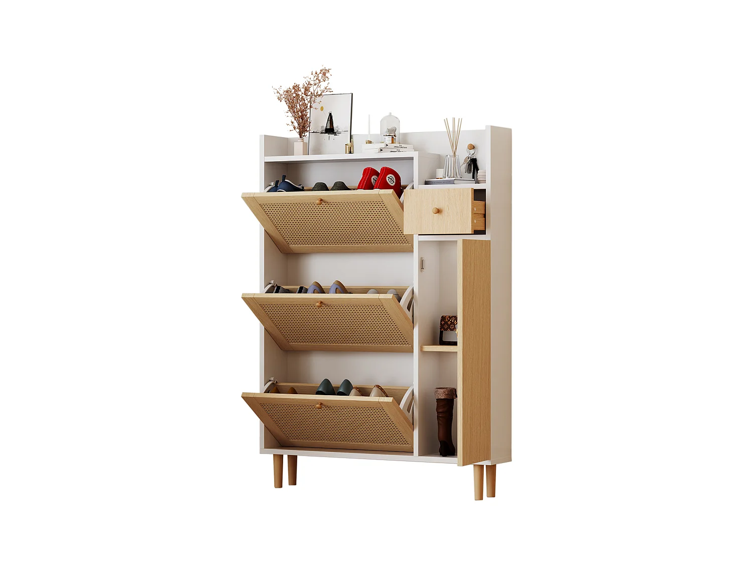 Rotan schoenenkast met 3 vouwdeuren en 1 lade, gemaakt van hout, met massief houten handgrepen, voor hal en slaapkamer (90x17x125 cm)