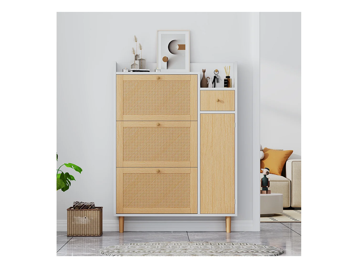 Rotan schoenenkast met 3 vouwdeuren en 1 lade, gemaakt van hout, met massief houten handgrepen, voor hal en slaapkamer (90x17x125 cm)