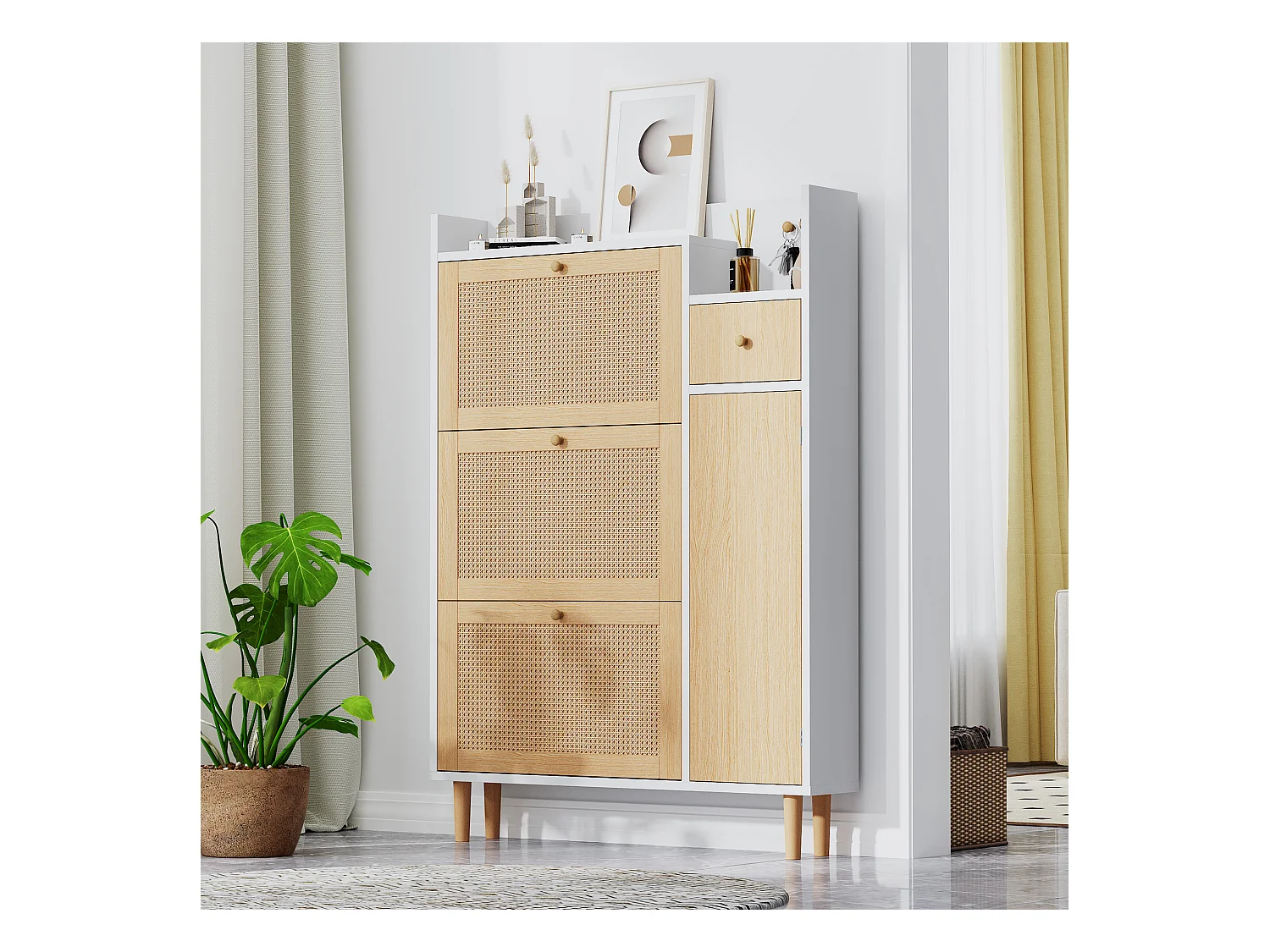 Rotan schoenenkast met 3 vouwdeuren en 1 lade, gemaakt van hout, met massief houten handgrepen, voor hal en slaapkamer (90x17x125 cm)