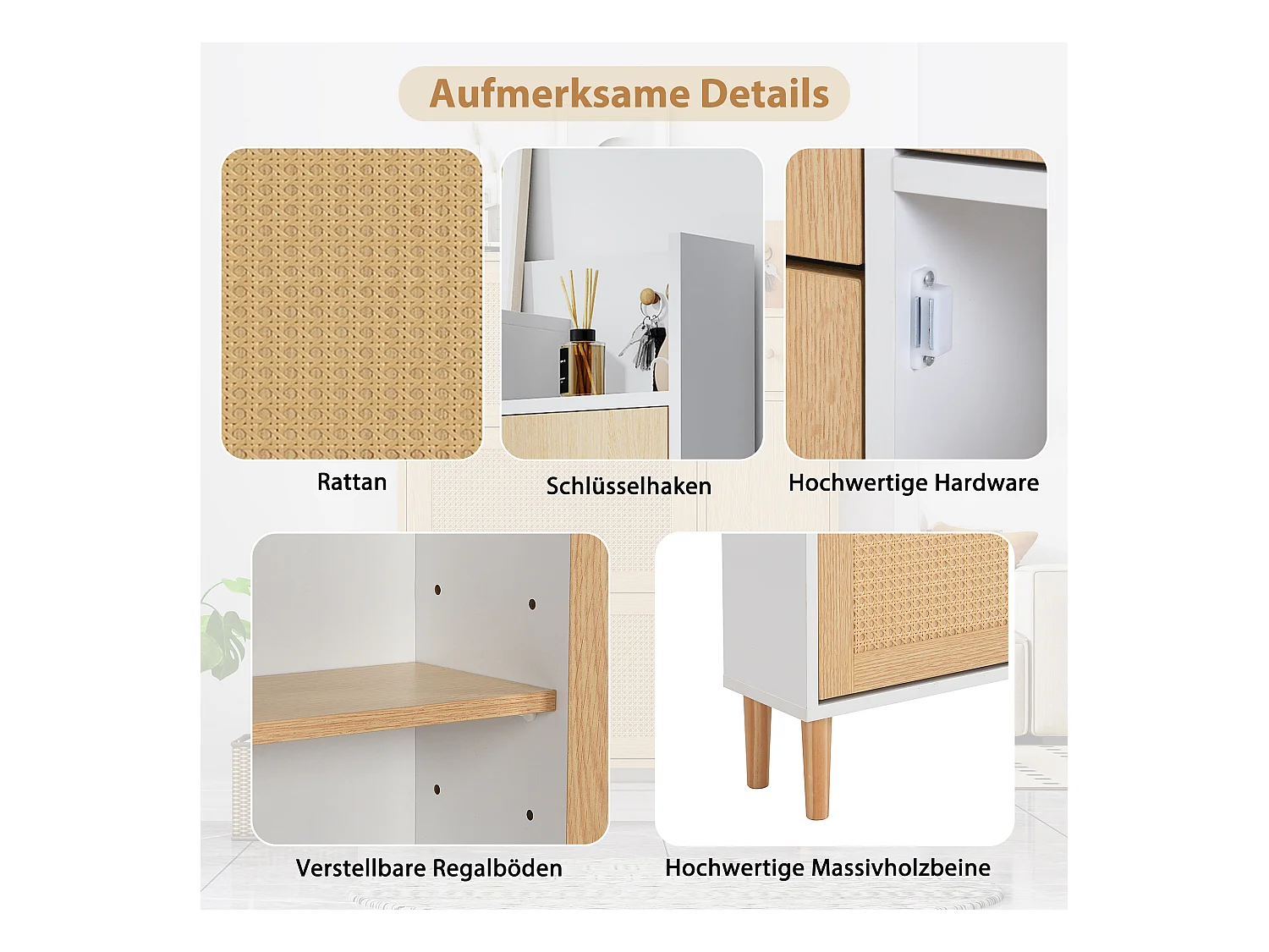 Rotan schoenenkast met 3 vouwdeuren en 1 lade, gemaakt van hout, met massief houten handgrepen, voor hal en slaapkamer (90x17x125 cm)