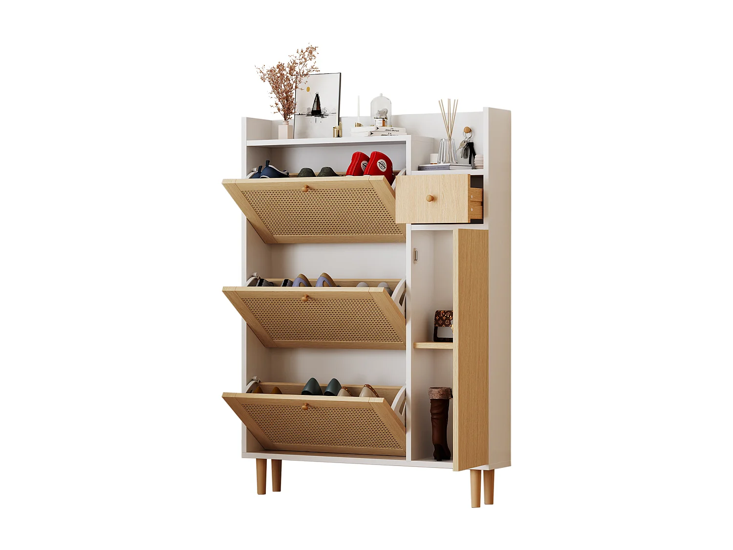 Meuble à chaussures en rotin avec 3 portes pliantes et 1 tiroir, en bois, avec poignées en bois massif, pour couloir et chambre (90x17x125 cm)