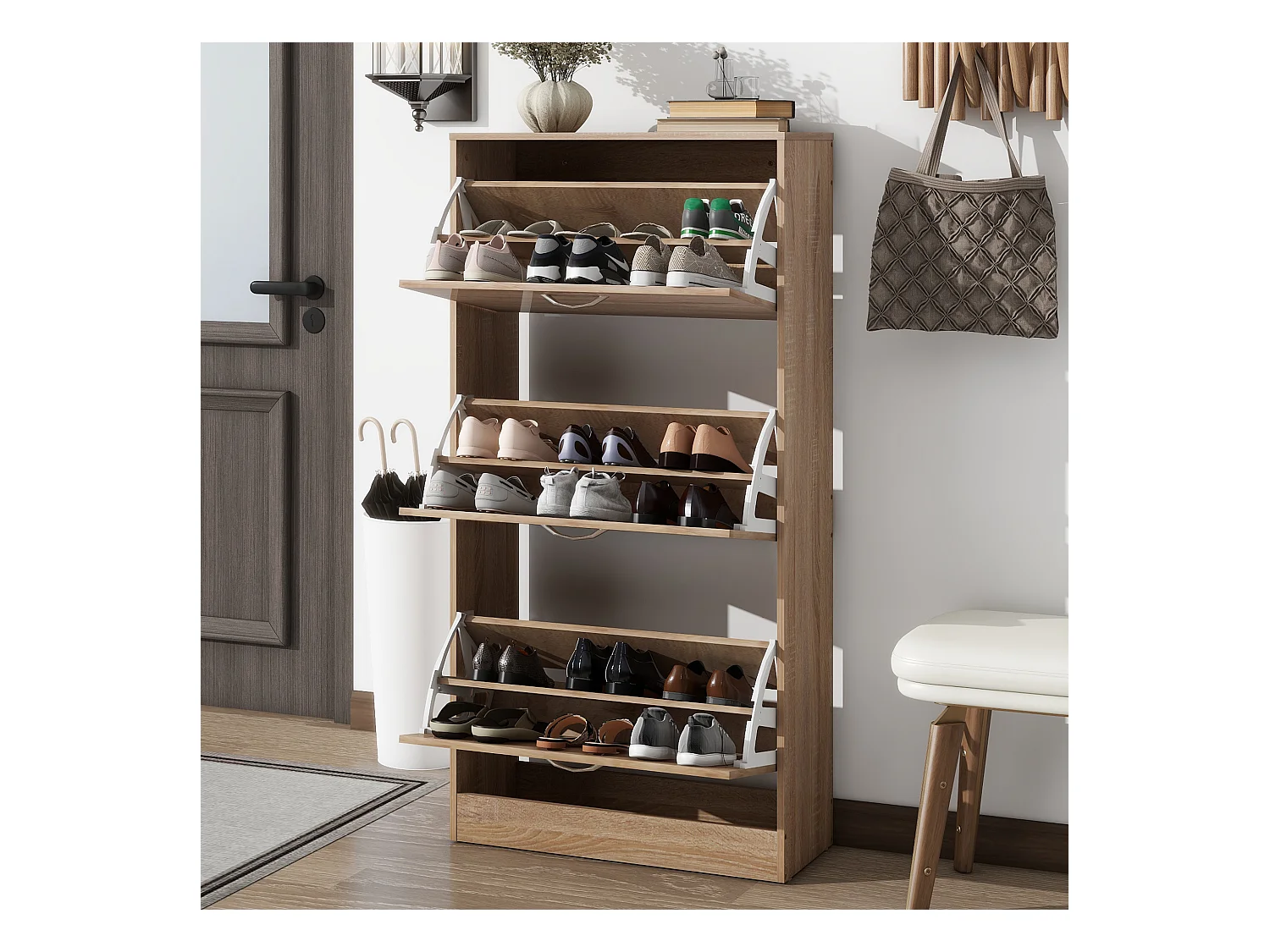 Meuble à chaussures avec 3 tiroirs, étagère en bois à 3 niveaux, pour entrée, couleur chêne (60x24x120 cm)