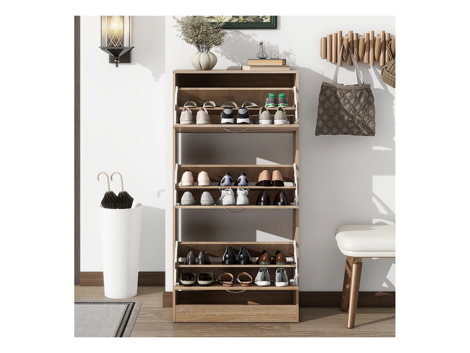 Meuble à chaussures avec 3 tiroirs, étagère en bois à 3 niveaux, pour entrée, couleur chêne (60x24x120 cm)