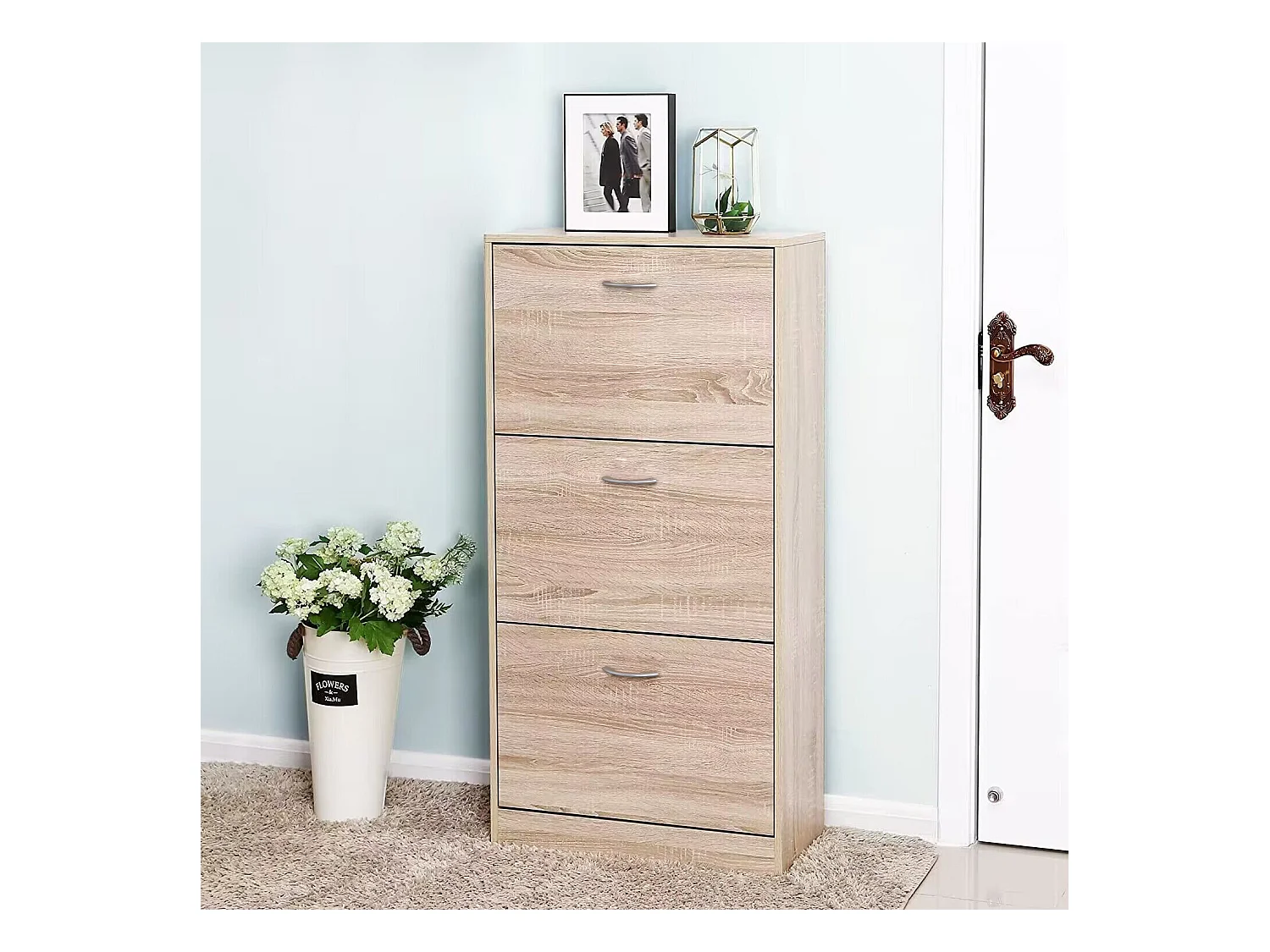 Meuble à chaussures avec 3 tiroirs, étagère en bois à 3 niveaux, pour entrée, couleur chêne (60x24x120 cm)