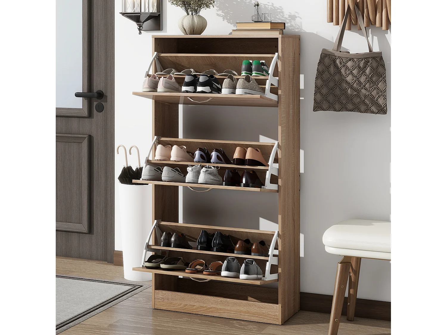 Meuble à chaussures avec 3 tiroirs, étagère en bois à 3 niveaux, pour entrée, couleur chêne (60x24x120 cm)