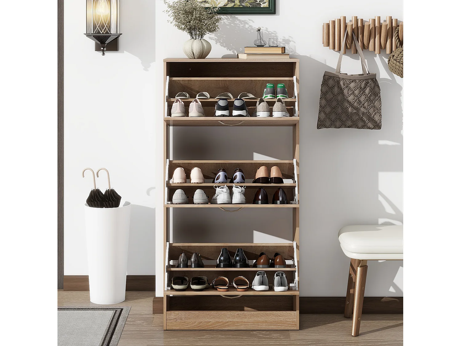 Meuble à chaussures avec 3 tiroirs, étagère en bois à 3 niveaux, pour entrée, couleur chêne (60x24x120 cm)