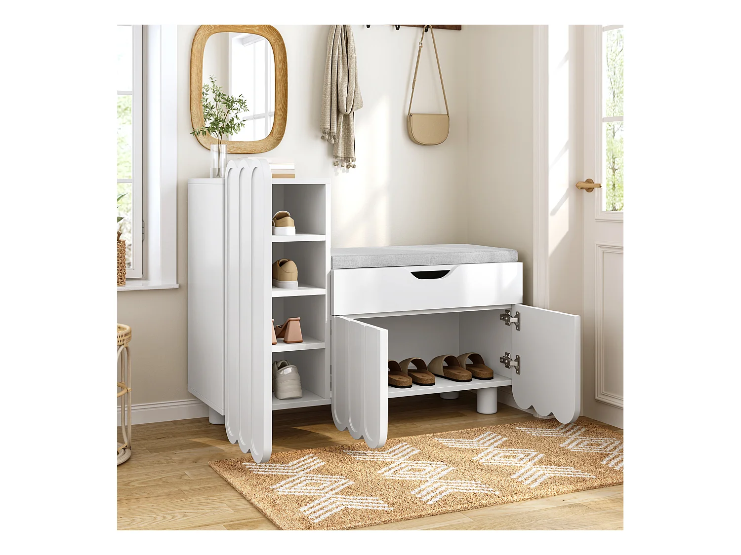 Meuble à chaussures avec 3 portes, assise rembourrée, MDF, blanc, (90x35x74.5 cm)