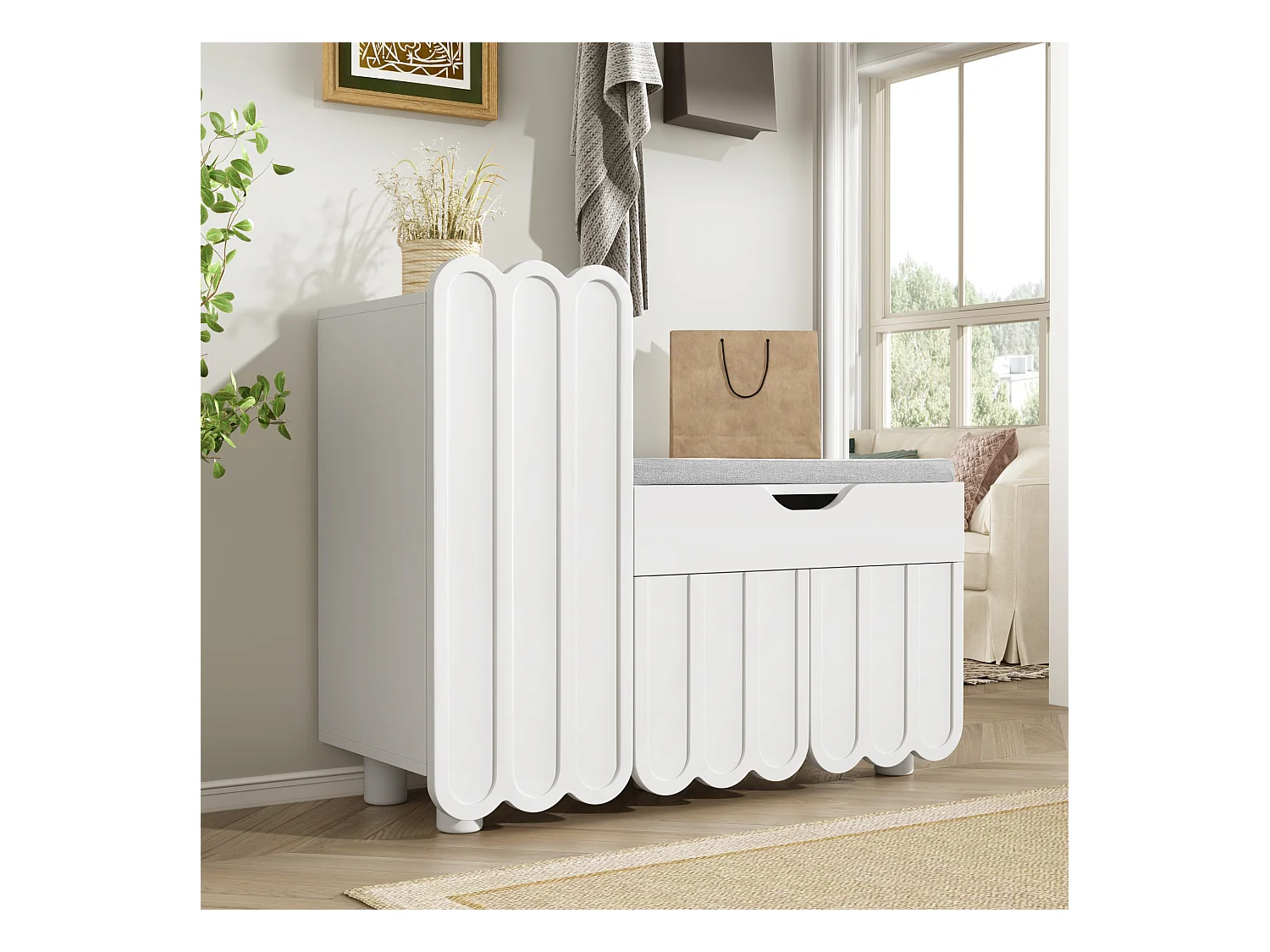 Meuble à chaussures avec 3 portes, assise rembourrée, MDF, blanc, (90x35x74.5 cm)