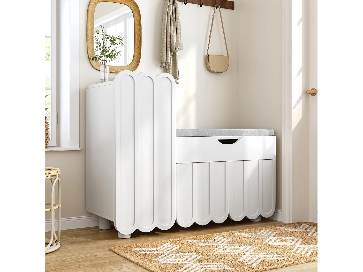 Meuble à chaussures avec 3 portes, assise rembourrée, MDF, blanc, (90x35x74.5 cm)