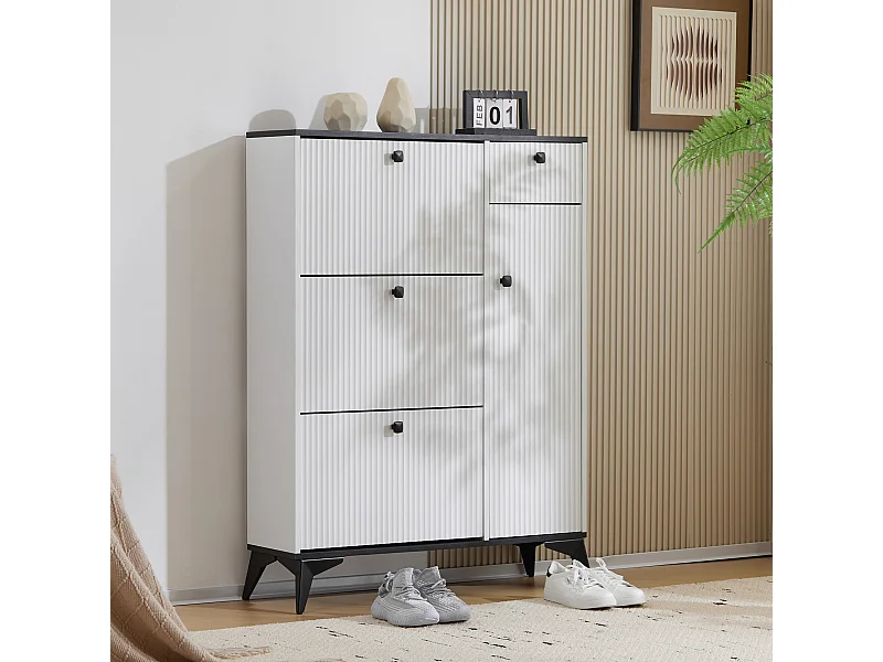 Schoenenkast met 3 compartimenten, 1 lade en 1 deur, modern design, wit en zwart (90x25x121 cm)