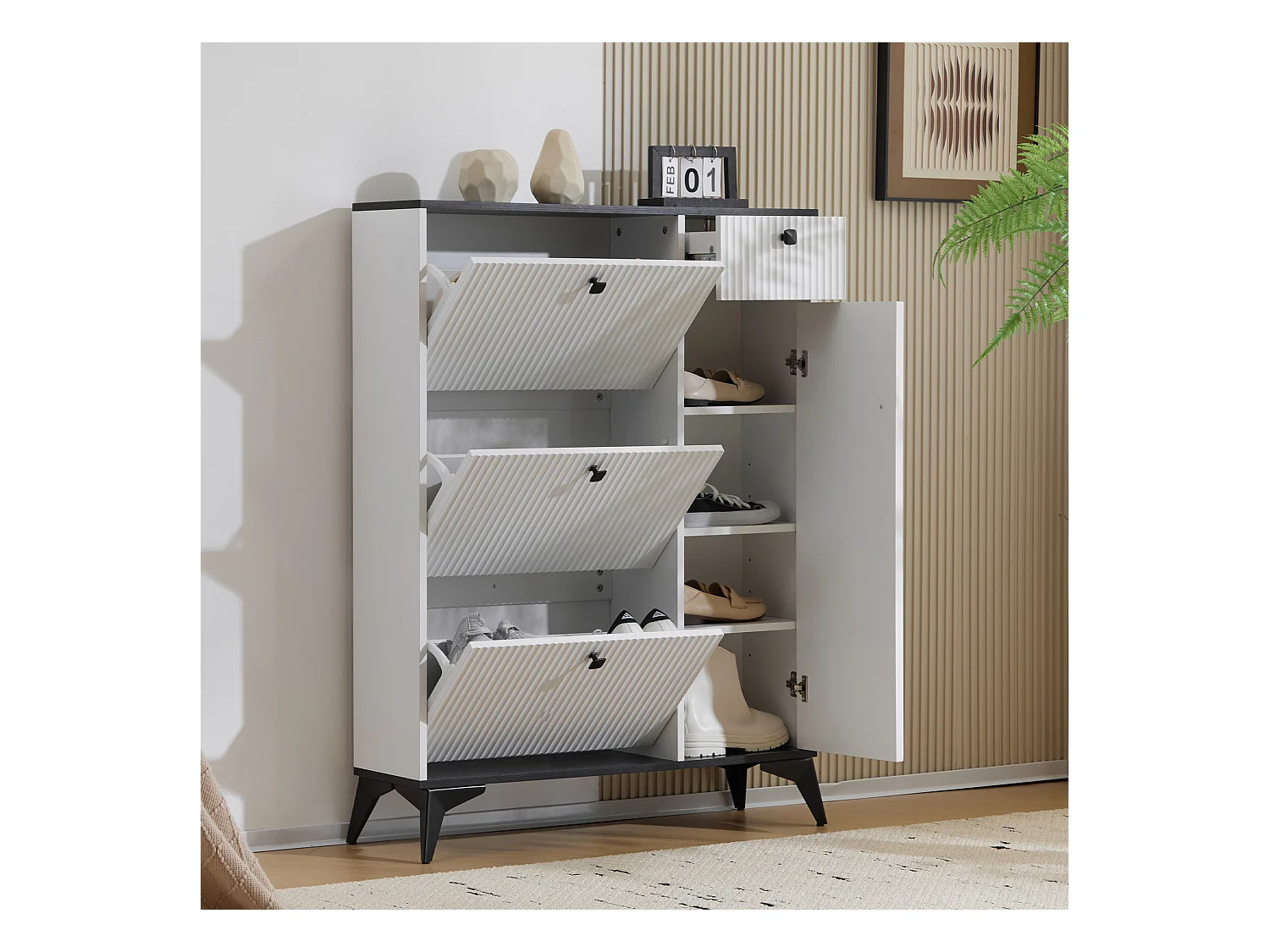 Meuble à chaussures avec 3 compartiments, 1 tiroir et 1 porte, design moderne, blanc et noir (90x25x121 cm)