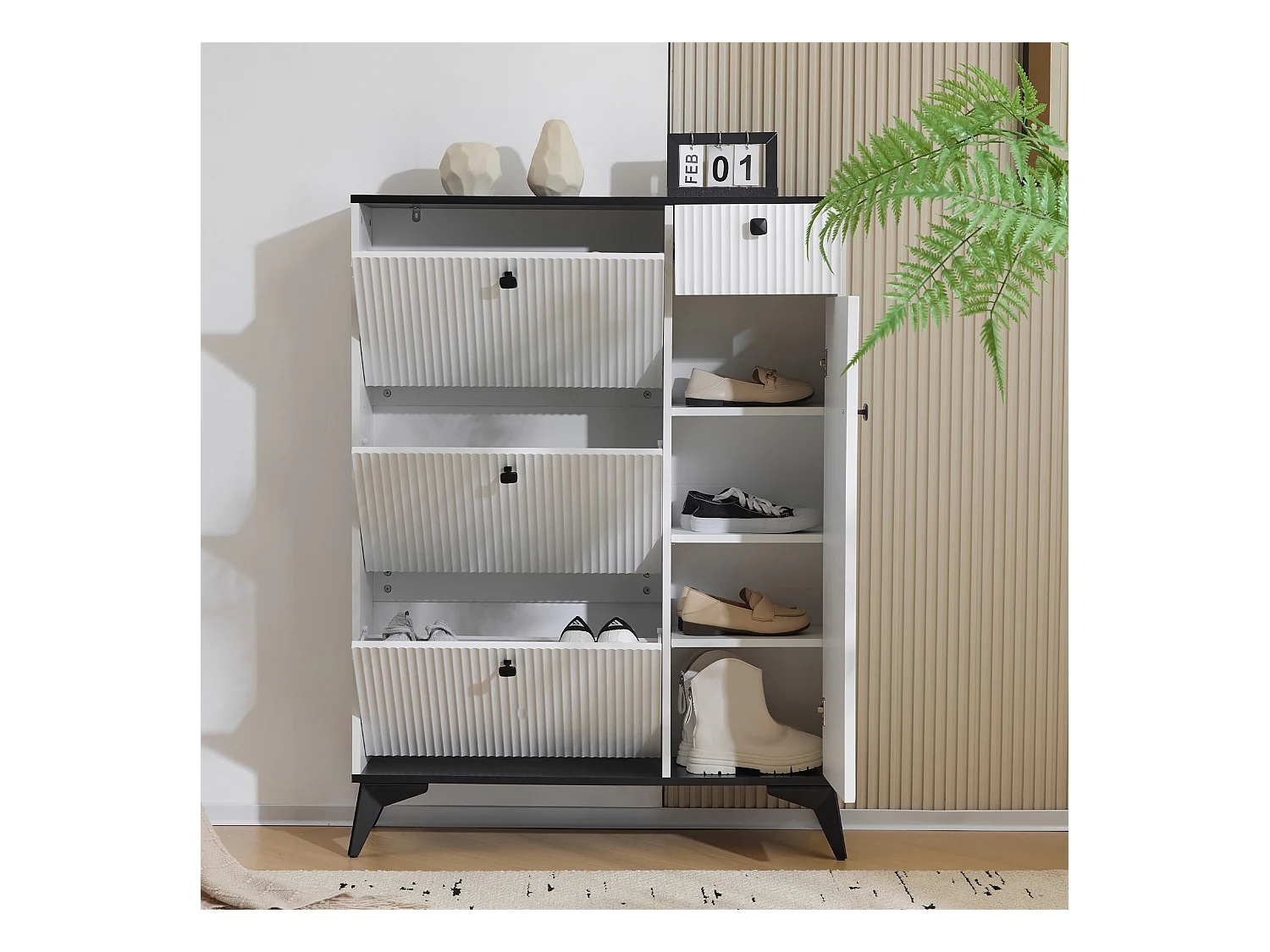 Meuble à chaussures avec 3 compartiments, 1 tiroir et 1 porte, design moderne, blanc et noir (90x25x121 cm)