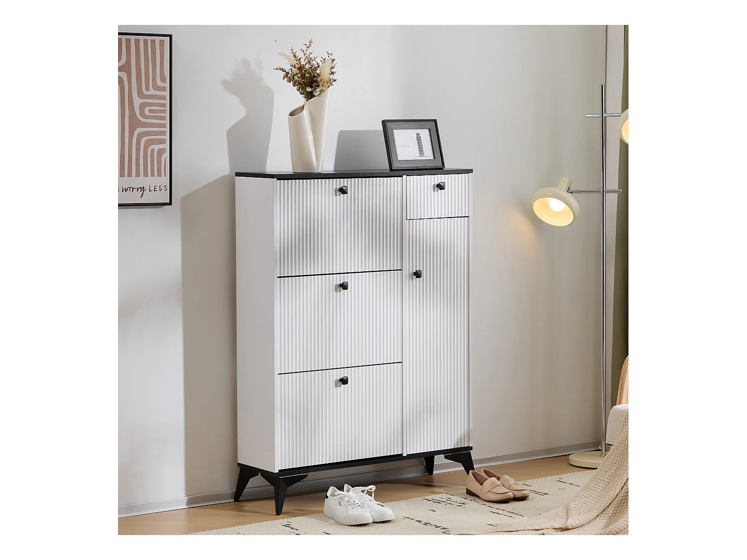 Meuble à chaussures avec 3 compartiments, 1 tiroir et 1 porte, design moderne, blanc et noir (90x25x121 cm)