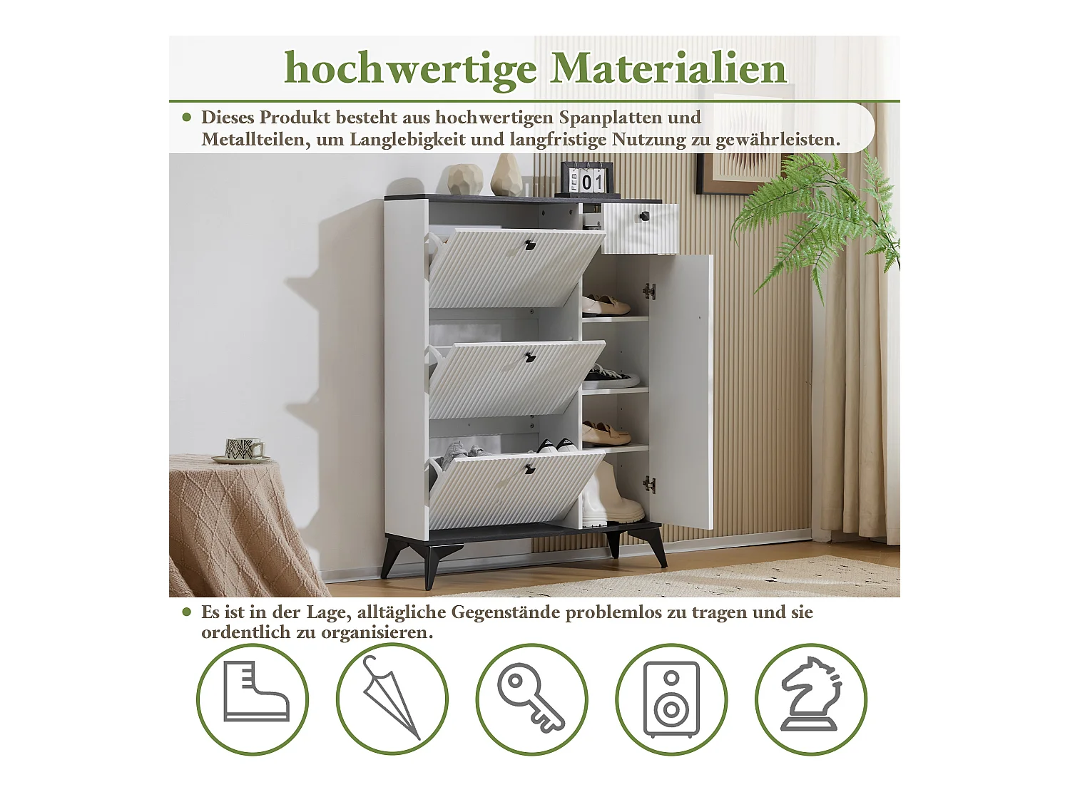 Meuble à chaussures avec 3 compartiments, 1 tiroir et 1 porte, design moderne, blanc et noir (90x25x121 cm)