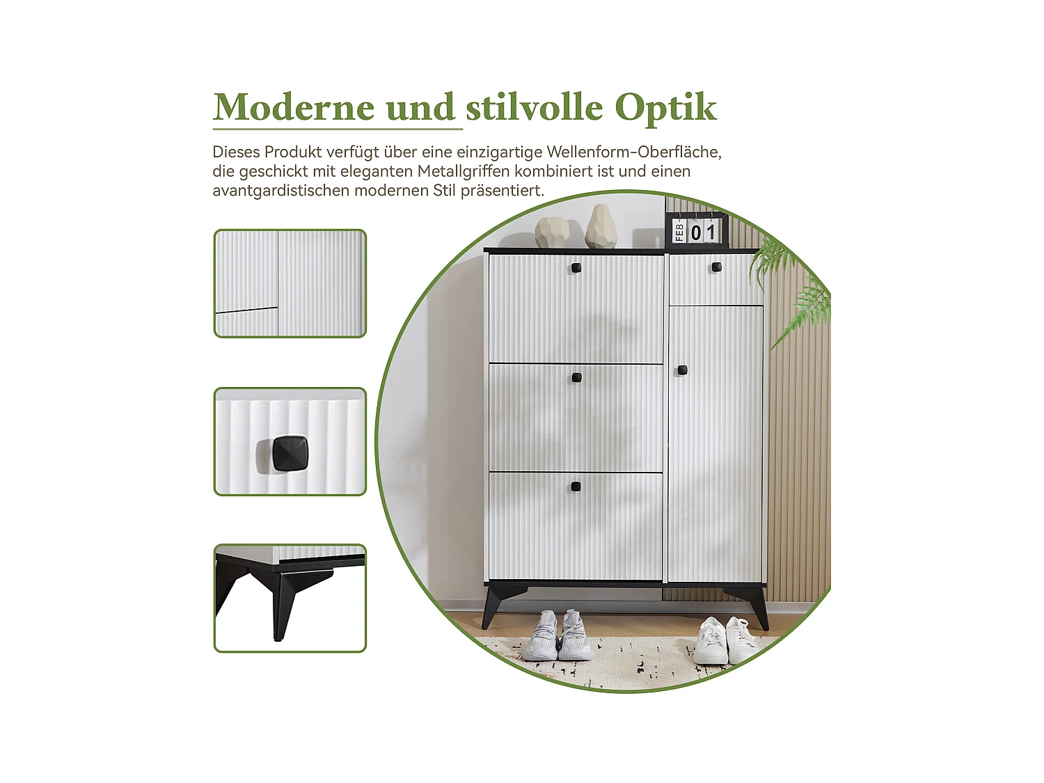 Meuble à chaussures avec 3 compartiments, 1 tiroir et 1 porte, design moderne, blanc et noir (90x25x121 cm)