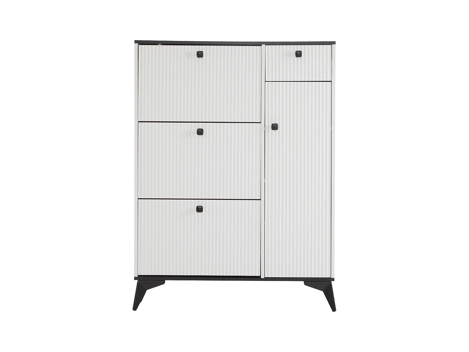 Meuble à chaussures avec 3 compartiments, 1 tiroir et 1 porte, design moderne, blanc et noir (90x25x121 cm)