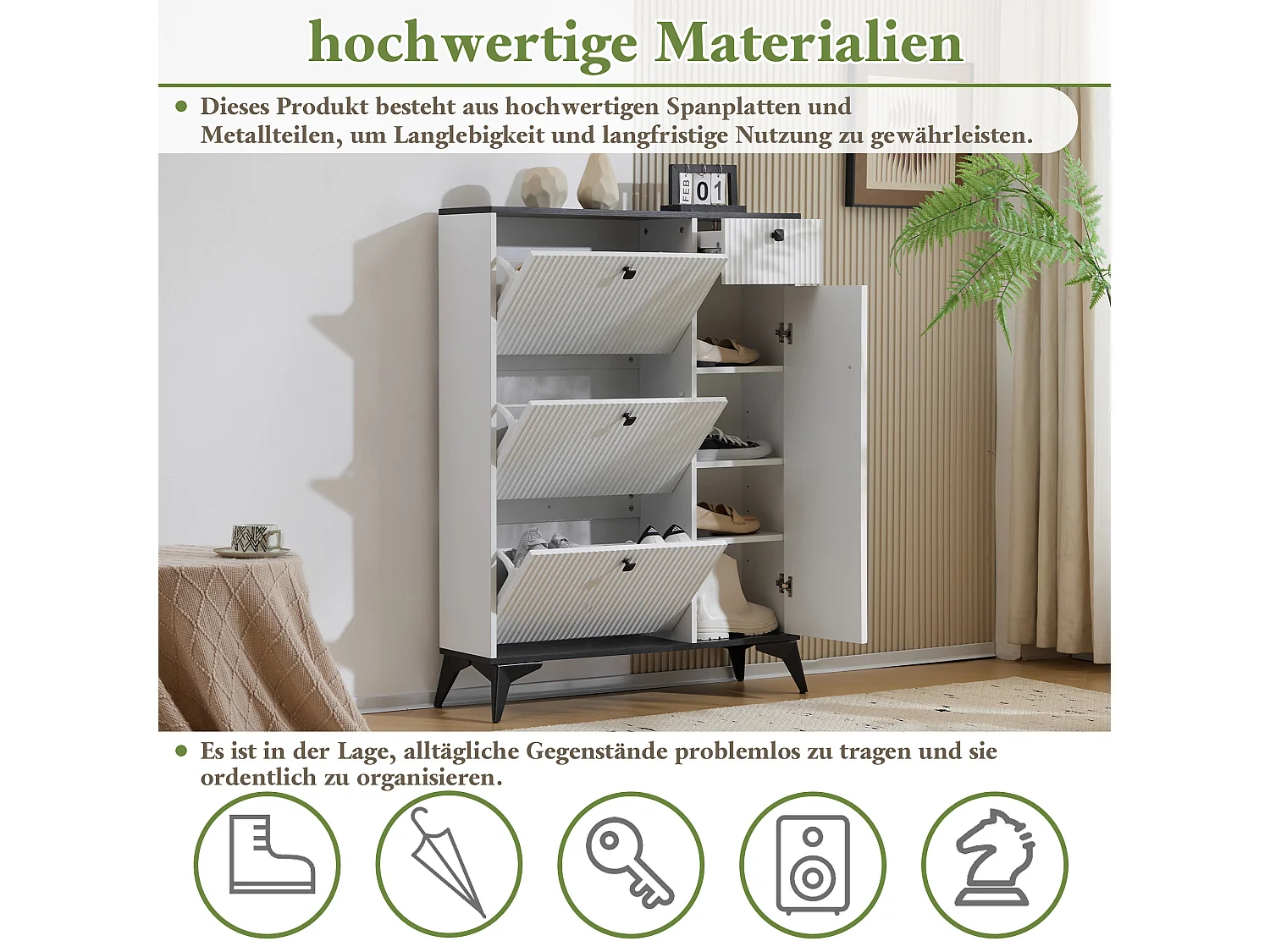 Meuble à chaussures avec 3 compartiments, 1 tiroir et 1 porte, design moderne, blanc et noir (90x25x121 cm)