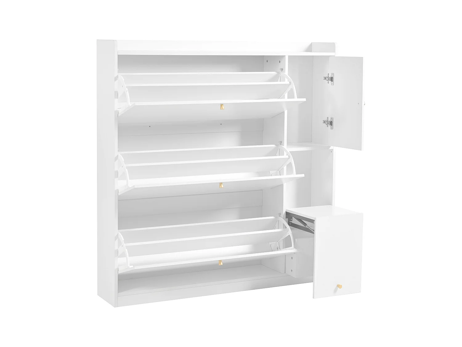 Commode à chaussures avec banc rabattable, 3 étagères inclinables, rangement entrée, bois, blanc (119x24x122 cm)