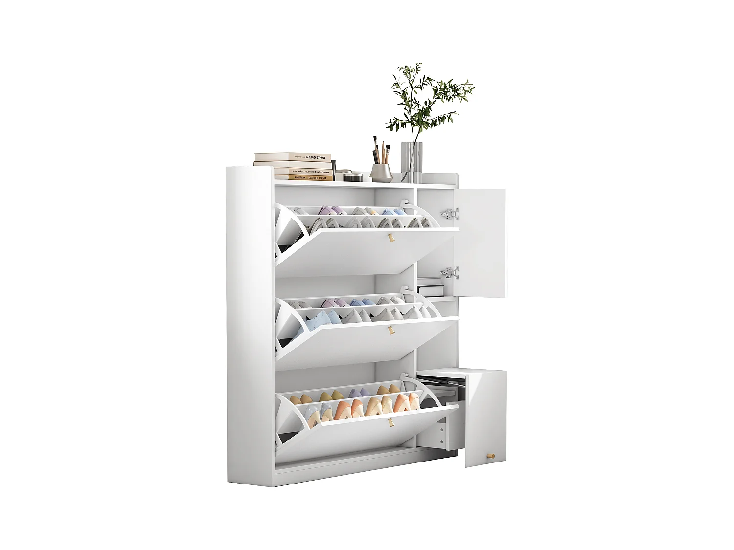 Commode à chaussures avec banc rabattable, 3 étagères inclinables, rangement entrée, bois, blanc (119x24x122 cm)