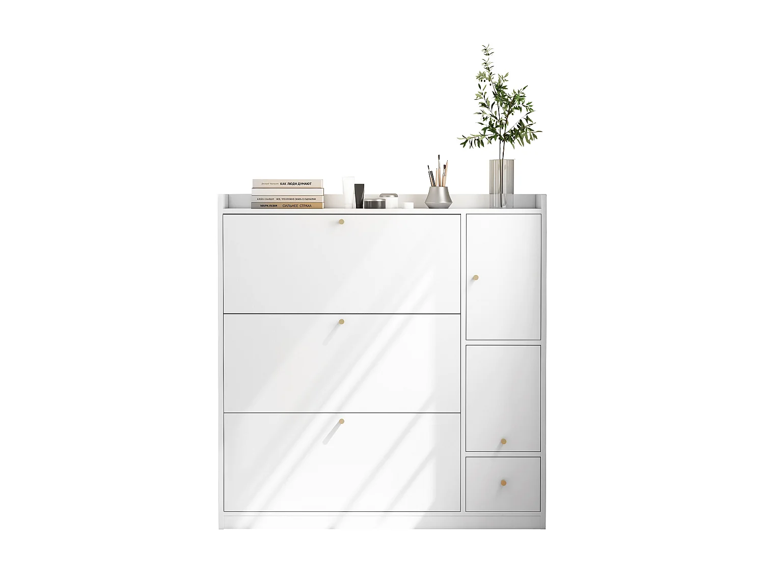 Commode à chaussures avec banc rabattable, 3 étagères inclinables, rangement entrée, bois, blanc (119x24x122 cm)