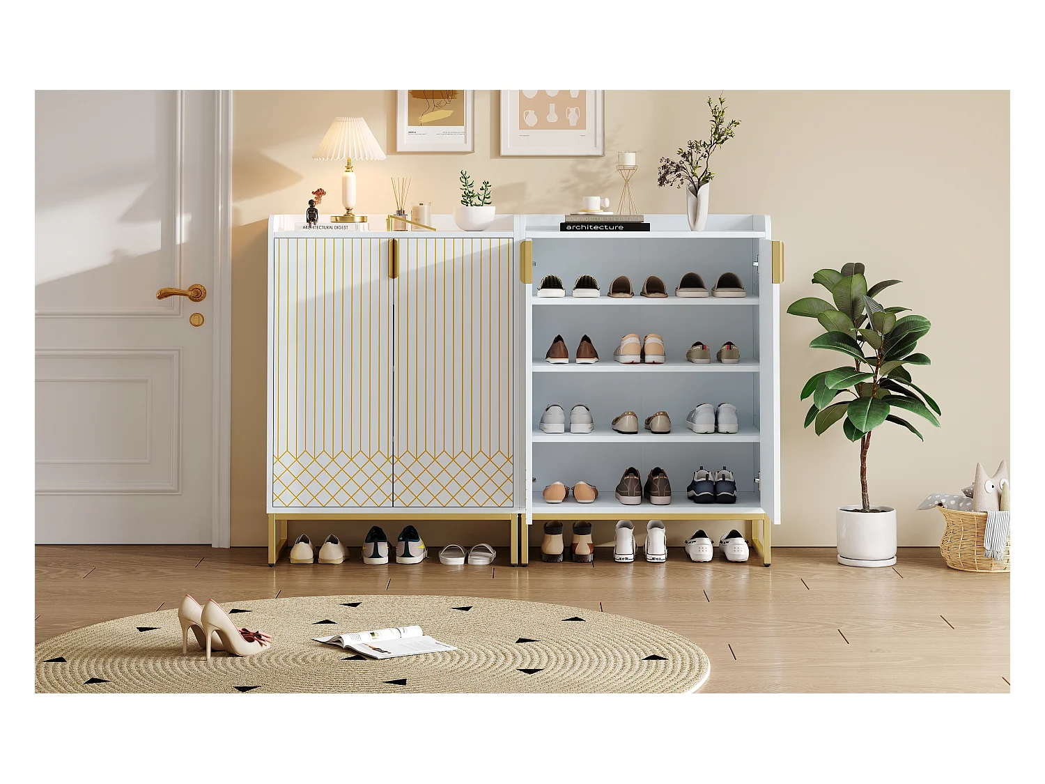 Meuble de rangement pour chaussures moderne, pieds métalliques dorés, MDF, blanc, 75x37x105 cm (x2)