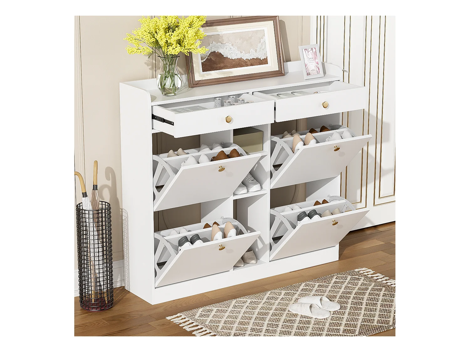 Schoenenkast met 4 vouwdeuren, 2 lades, opbergplanken, wit (110x26x100 cm)