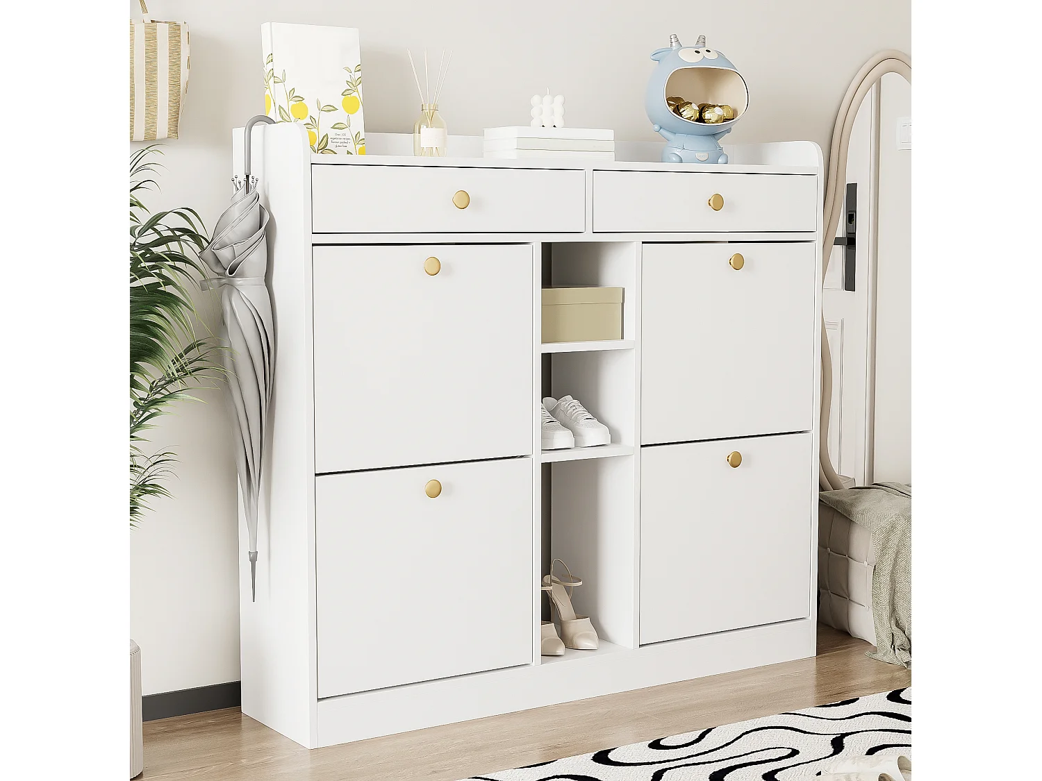 Meuble à chaussures avec 4 portes pliantes, 2 tiroirs, étagères de rangement, blanc (110x26x100 cm)