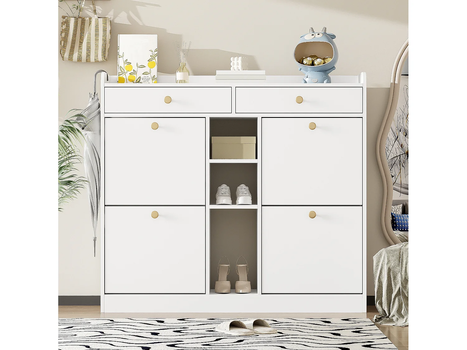 Meuble à chaussures avec 4 portes pliantes, 2 tiroirs, étagères de rangement, blanc (110x26x100 cm)