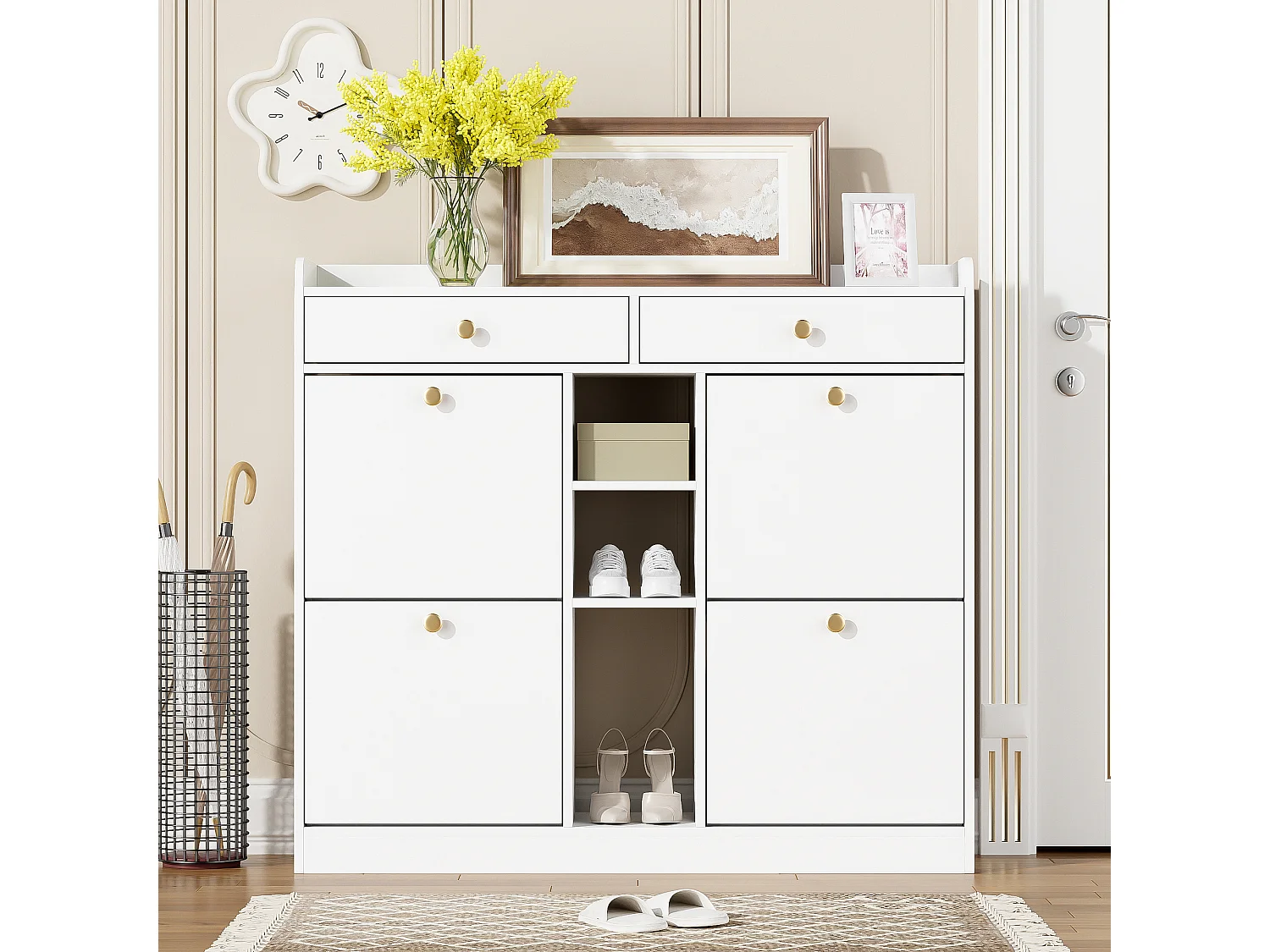 Meuble à chaussures avec 4 portes pliantes, 2 tiroirs, étagères de rangement, blanc (110x26x100 cm)