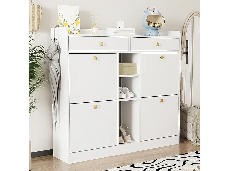 Meuble à chaussures avec 4 portes pliantes, 2 tiroirs, étagères de rangement, blanc (110x26x100 cm)