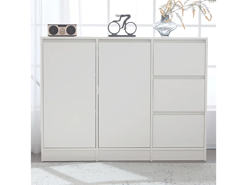 Moderne schoenenkast met veel opbergruimte, 2 deuren en 3 lades, verstelbare plank, wit (120x35x90 cm)