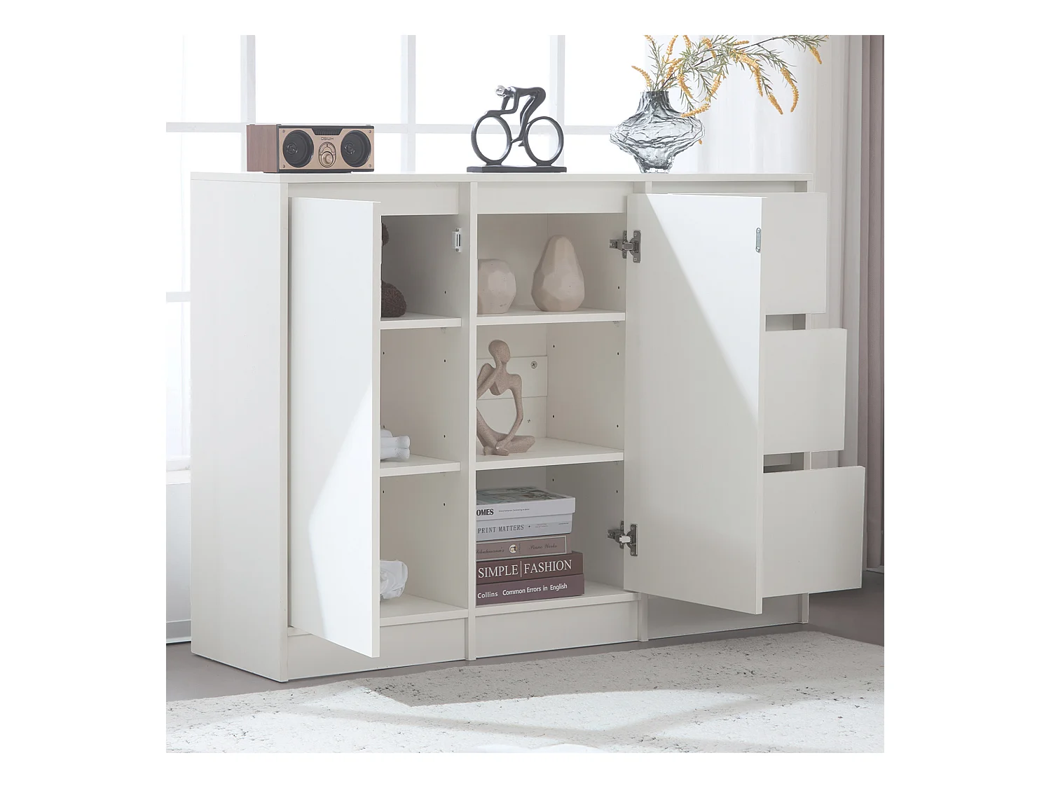 Meuble à chaussures moderne avec grand espace de rangement, 2 portes et 3 tiroirs, étagère réglable, blanc (120x35x90 cm)